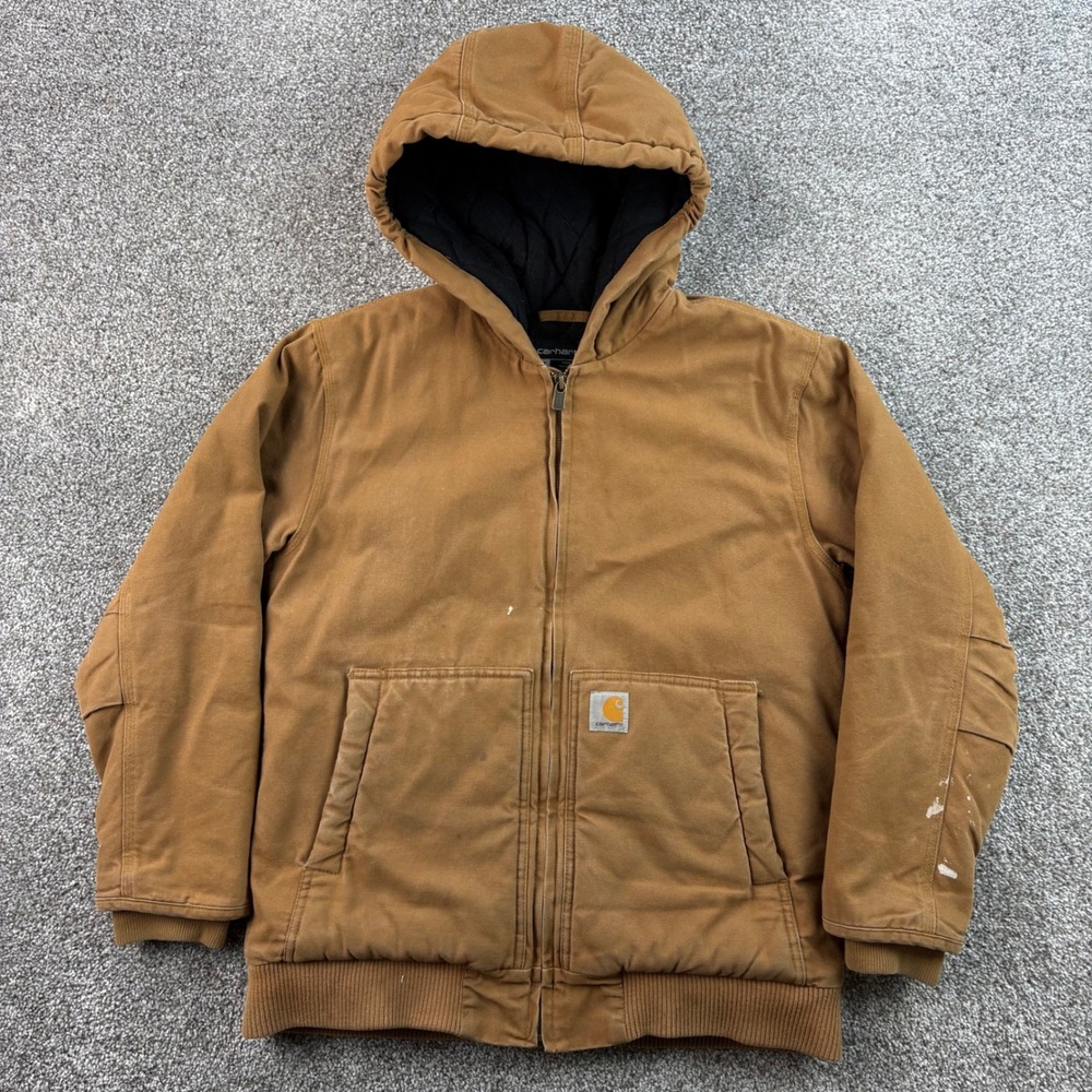Carhartt Active Jacket Kids L 14-16 Brown Cotton Canvas Quilted Hooded OJ8545-B